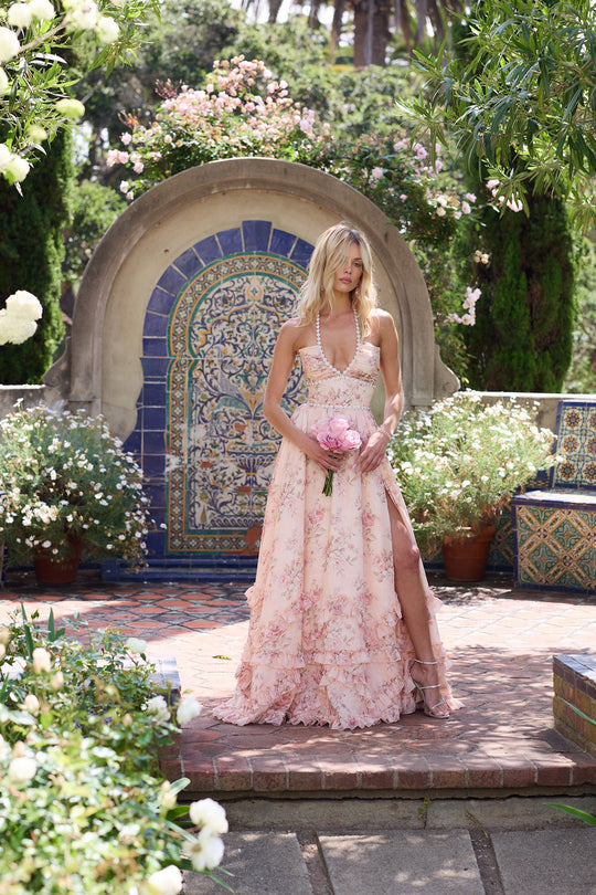 Isaléa – Peach Tapestry Halter Gown