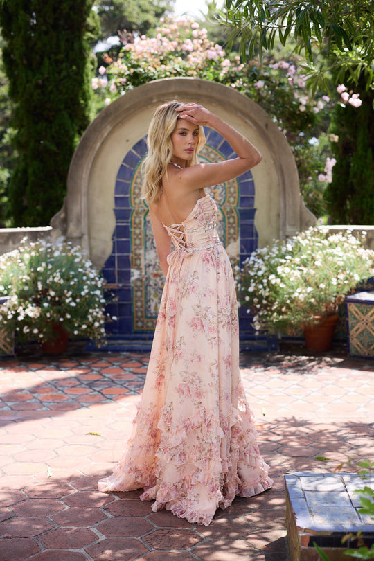 Isaléa – Peach Tapestry Halter Gown